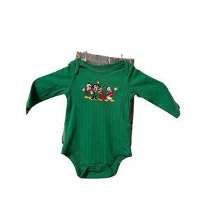 Disney Baby 0-3M Mickey Mouse Holiday Long Sleeve Bodysuit‎ Pants Set Green Grey